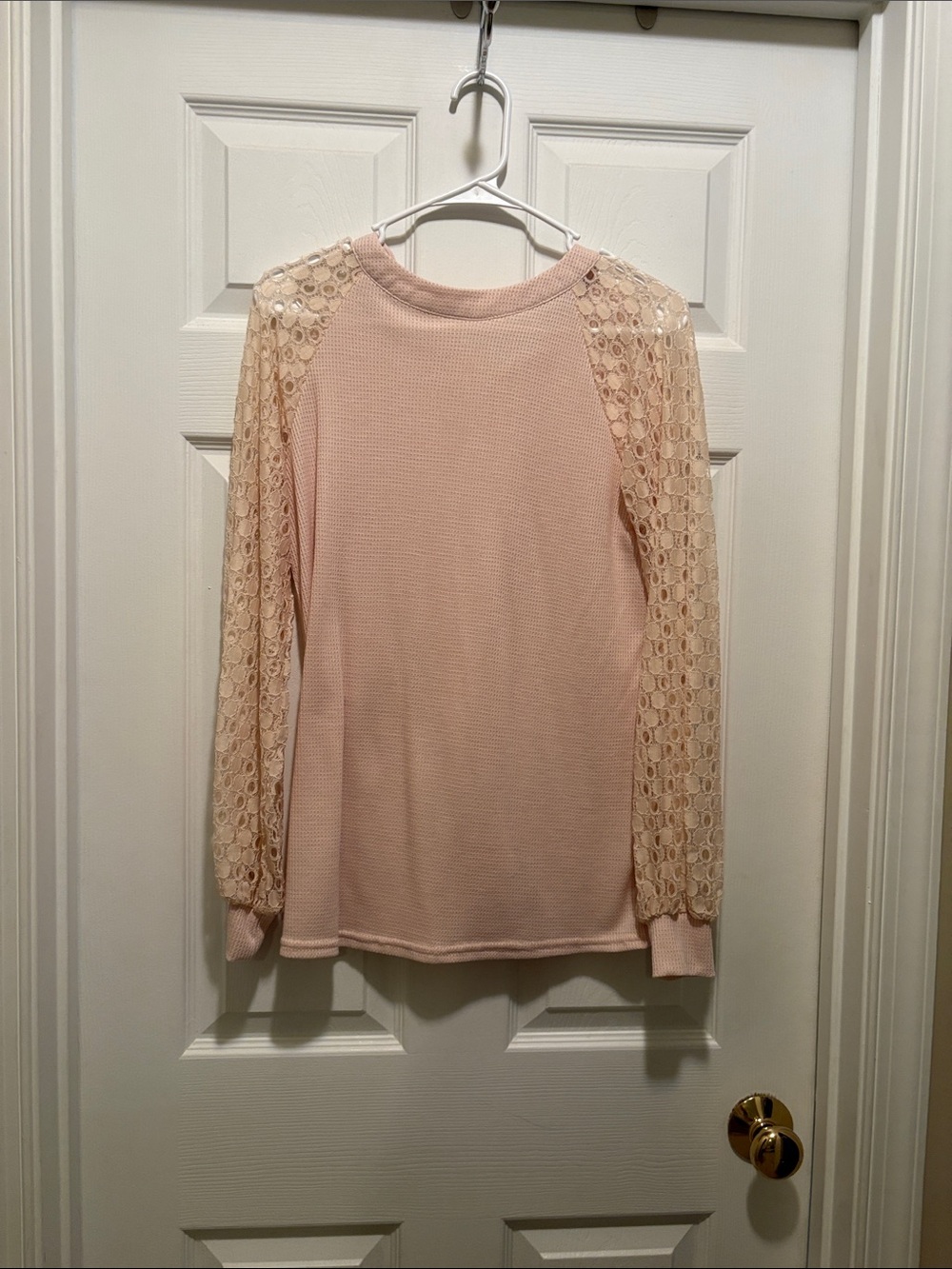 Lace-Sleeve Waffle Knit Pullover - Blush Pink
